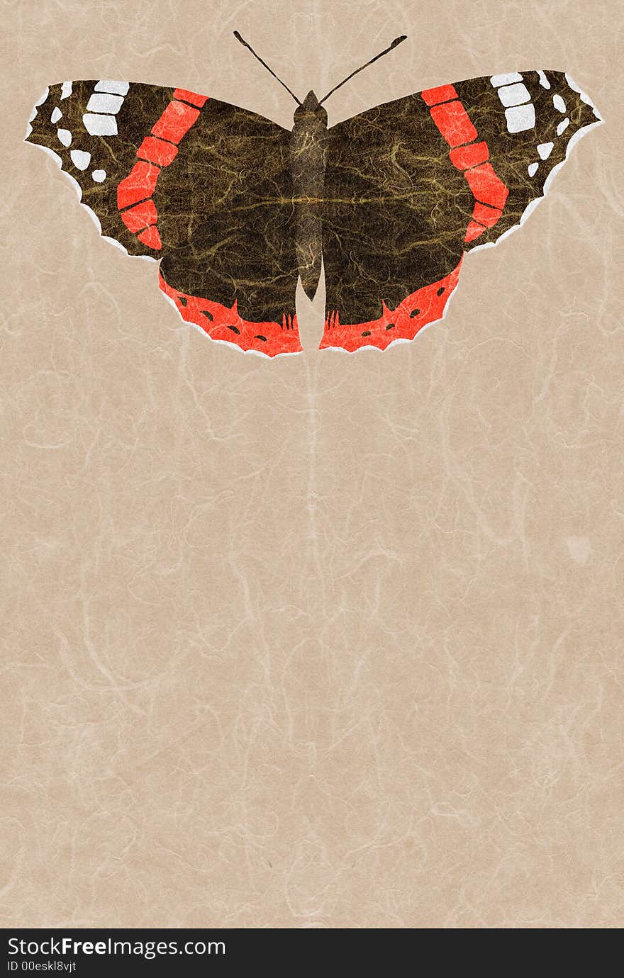 Red admiral (vanessa atalanta) rice paper texture e-collage with space for text