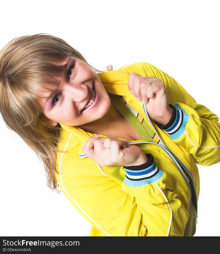 Cheerful young sportive woman over a white background