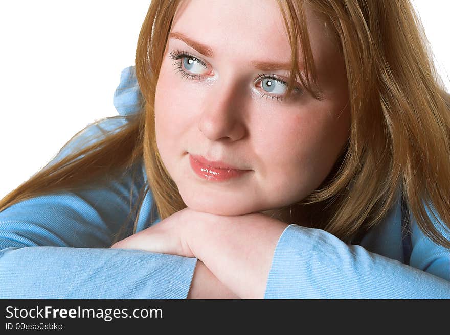 Portrait of Fresh and Beautiful red-hair woman  wearing blue shirt. Portrait of Fresh and Beautiful red-hair woman  wearing blue shirt