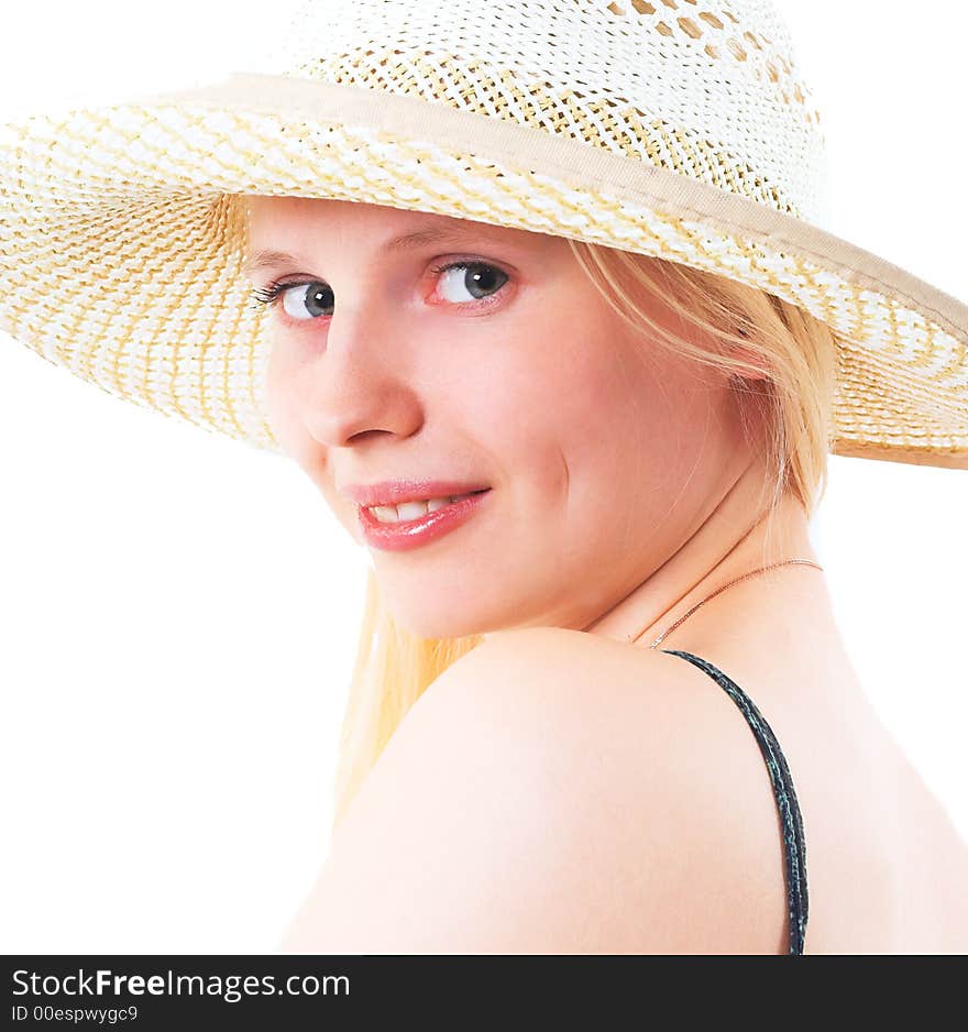 Young  blond girl with hat over white. Young  blond girl with hat over white