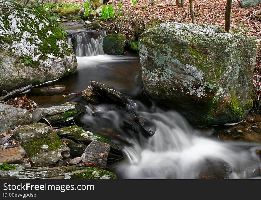 Stream in woods flowing through rocks. Stream in woods flowing through rocks