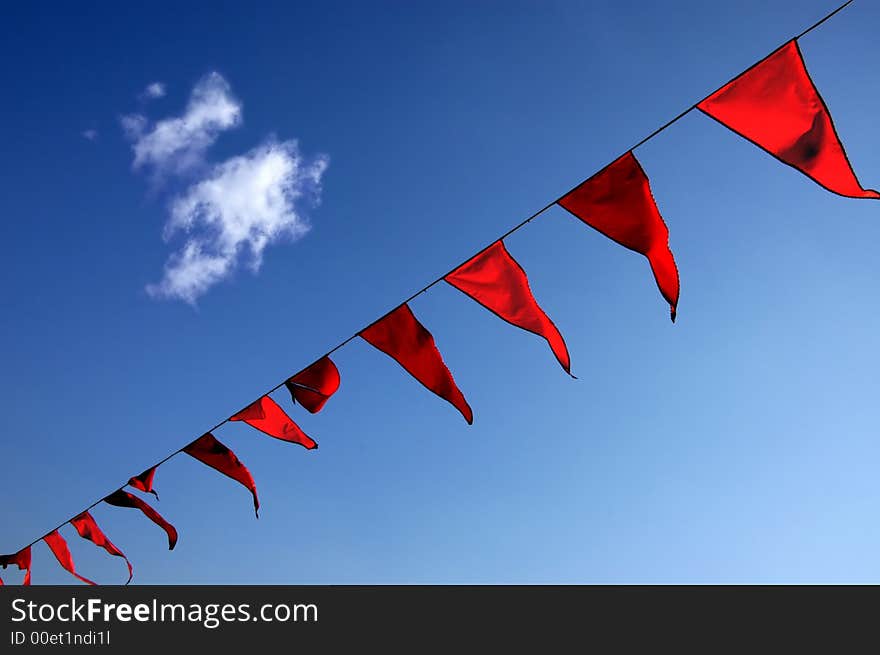 Sky, flag, blue, red, windy, clouds, white. Sky, flag, blue, red, windy, clouds, white