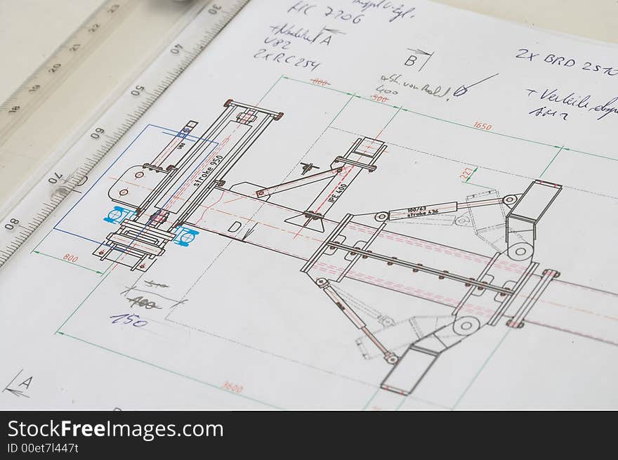 Engineering drawing on drawing desk with ruler. Engineering drawing on drawing desk with ruler