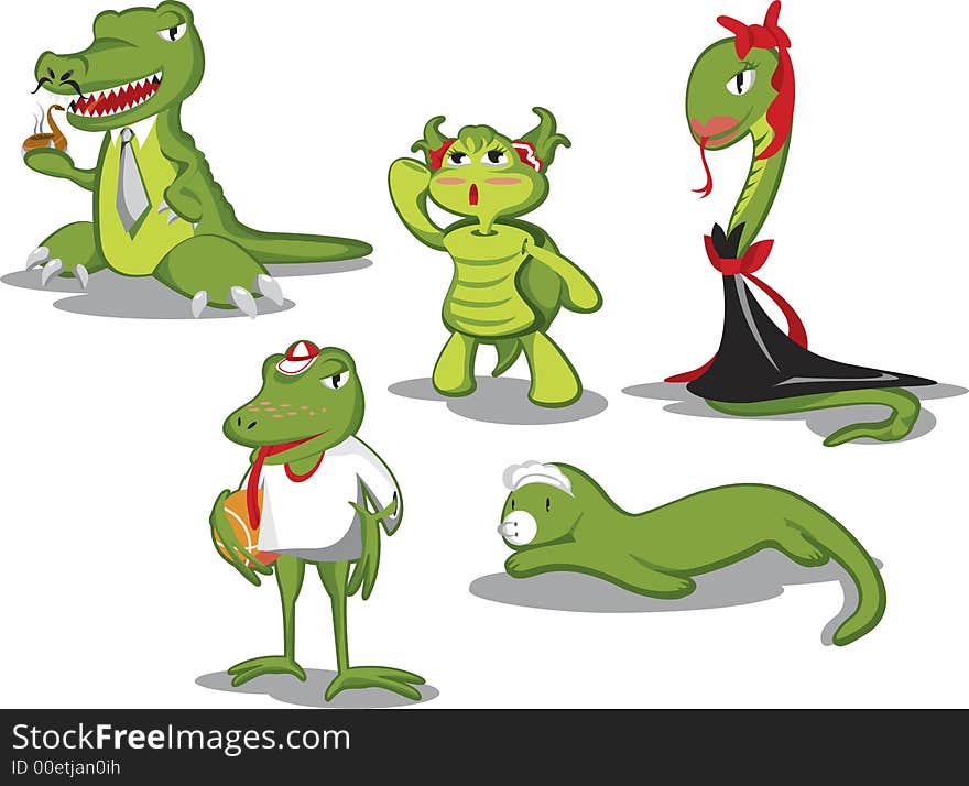 A set of illustrative reptiles in green. A set of illustrative reptiles in green.