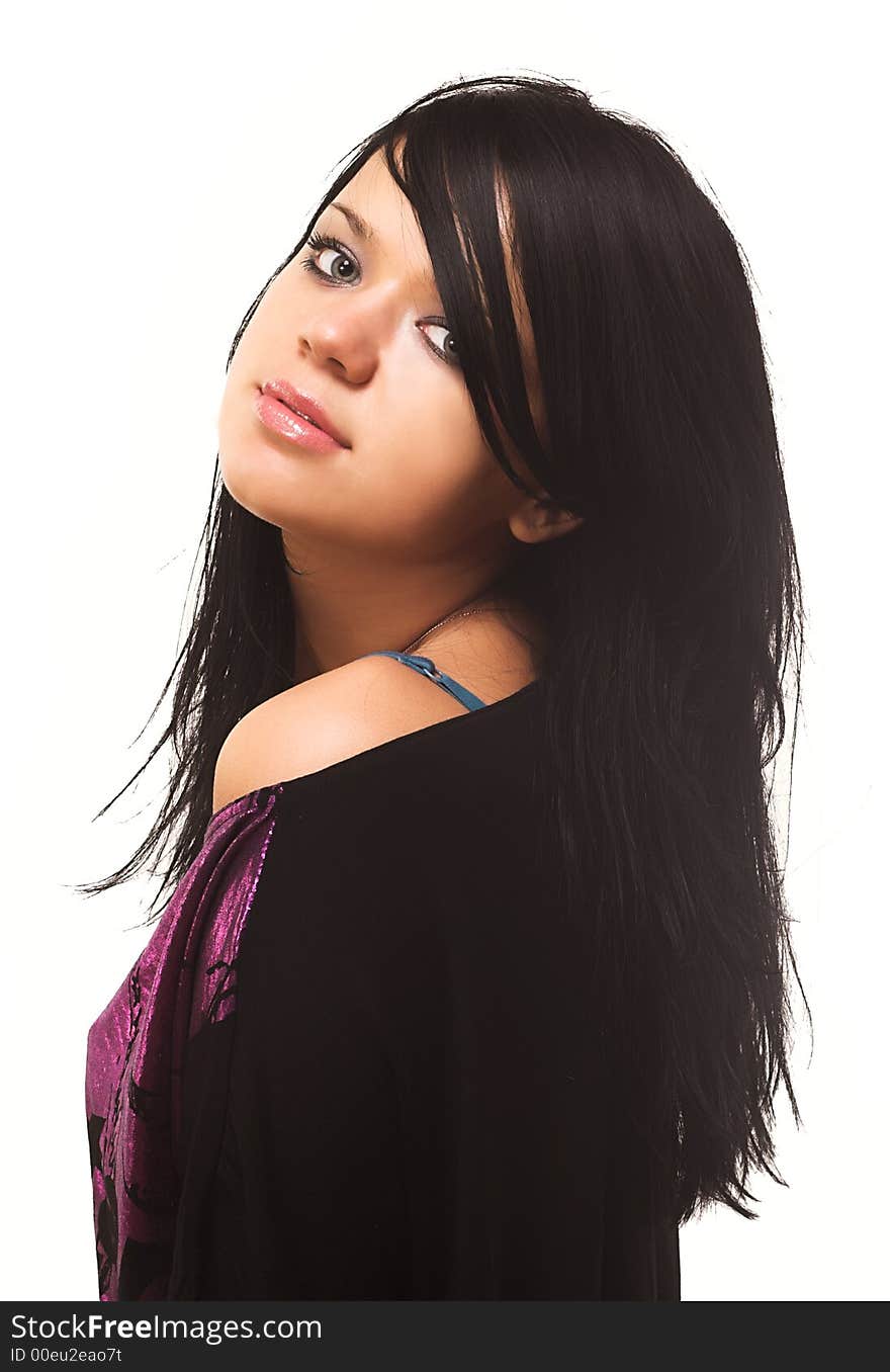 Portrait of beautiful young woman on white background