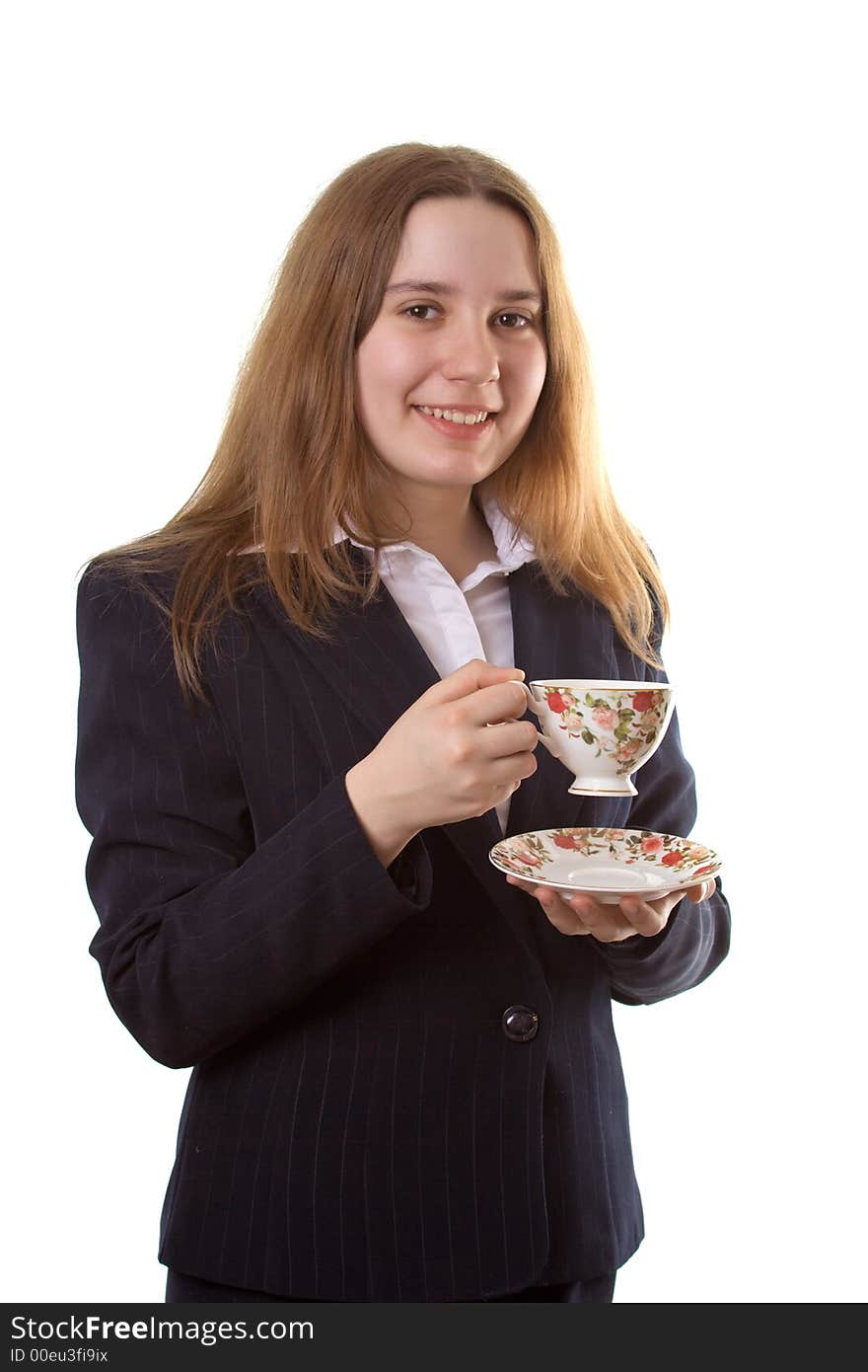 Young girl with a tea cup, isolate on white