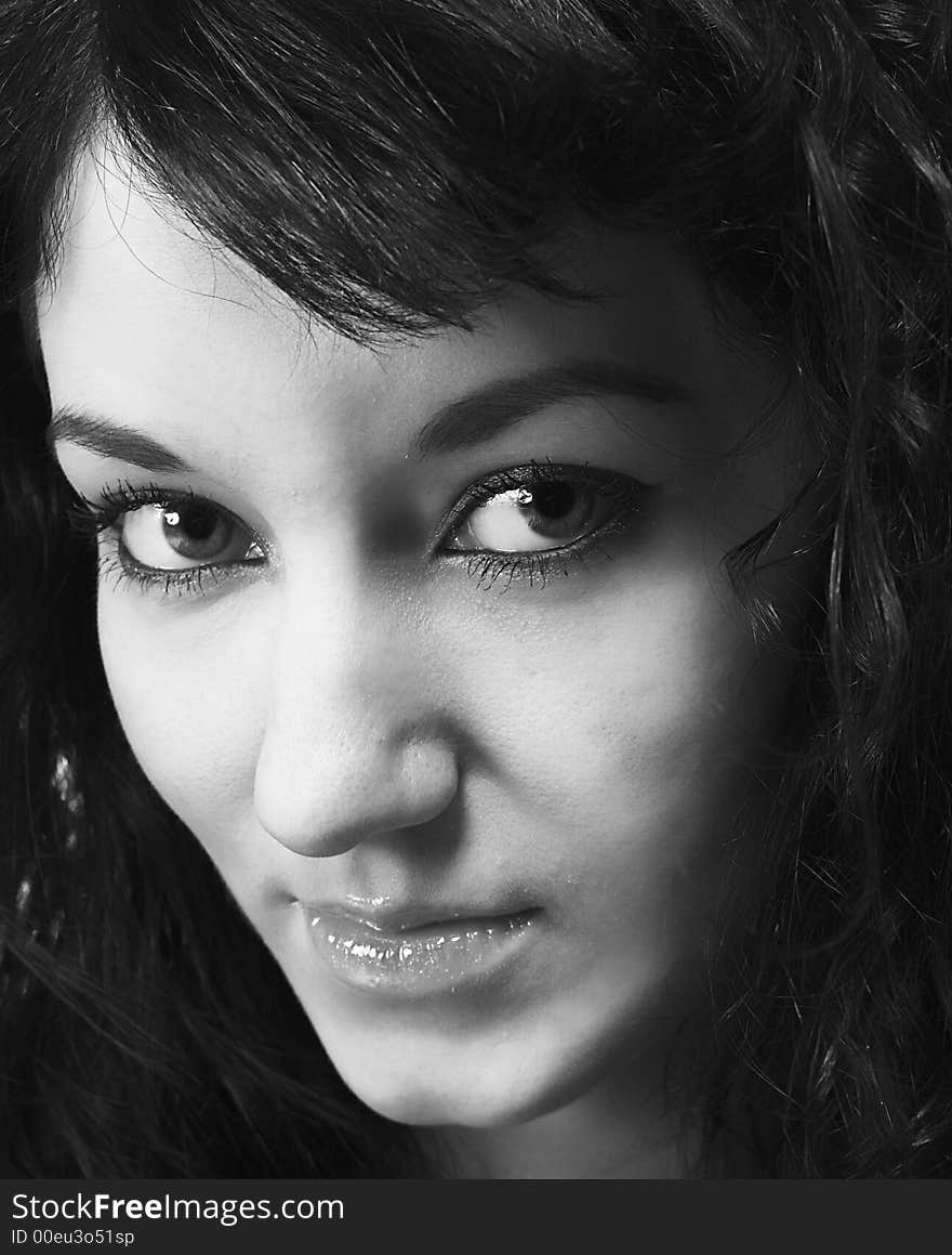 Close-up of a beautiful face in black-and-white