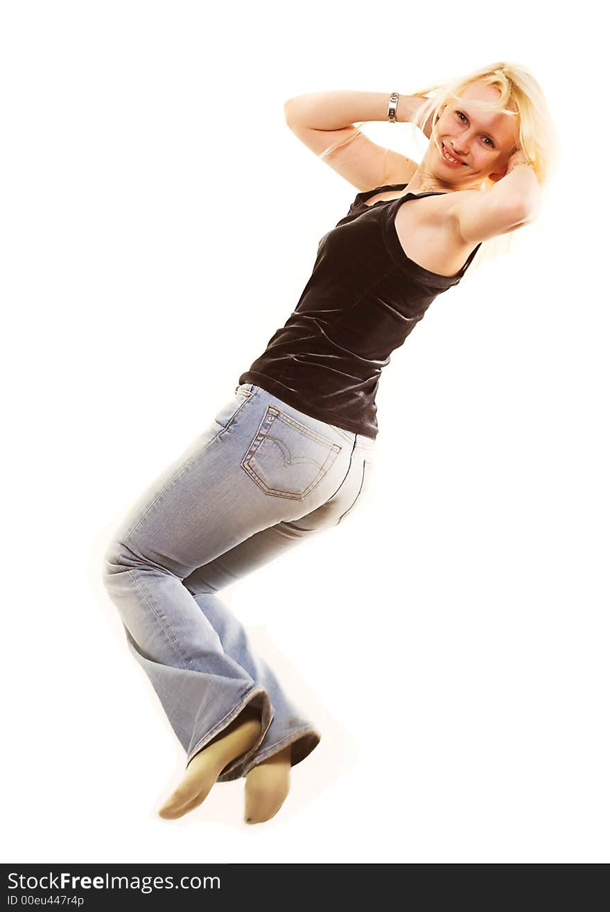 Girl jumping because of joy isolated on white background. Girl jumping because of joy isolated on white background