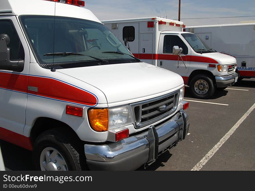 Red and white ambulances ready for emergencies