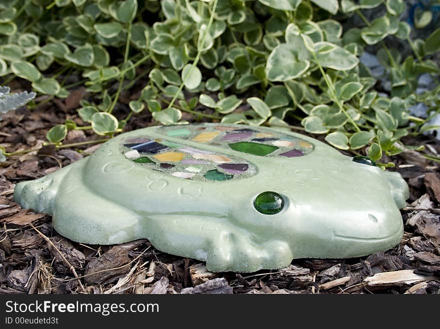 A homemade flat-frog stepping stone garden ornament set on a bed of wood chips. A homemade flat-frog stepping stone garden ornament set on a bed of wood chips.