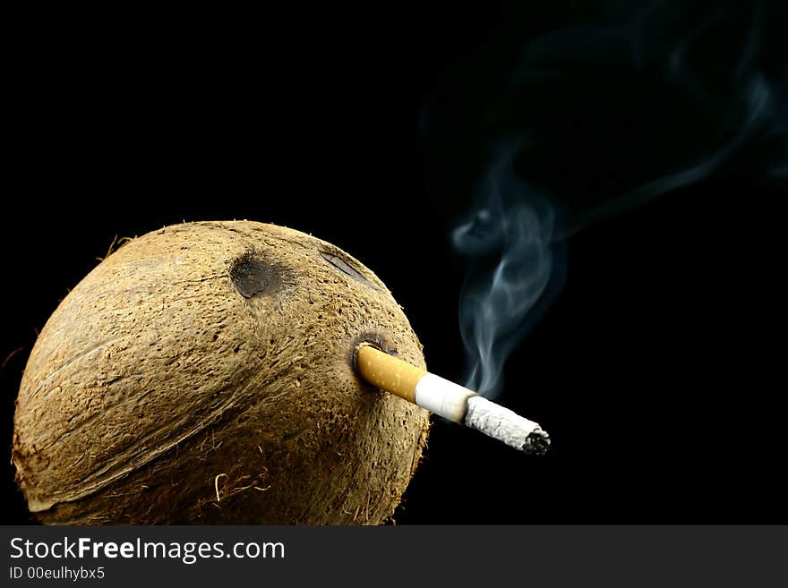 Coconut head still smoking cigarette on a black background. Coconut head still smoking cigarette on a black background