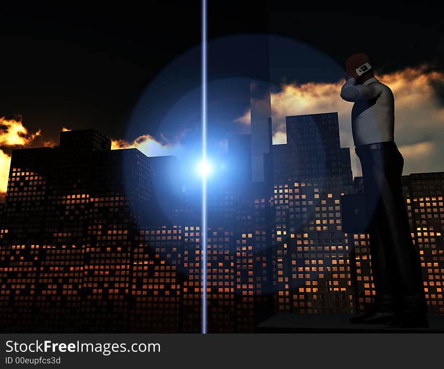 An conceptual image of a man looking through the window of his office over a city that he works in. An conceptual image of a man looking through the window of his office over a city that he works in.