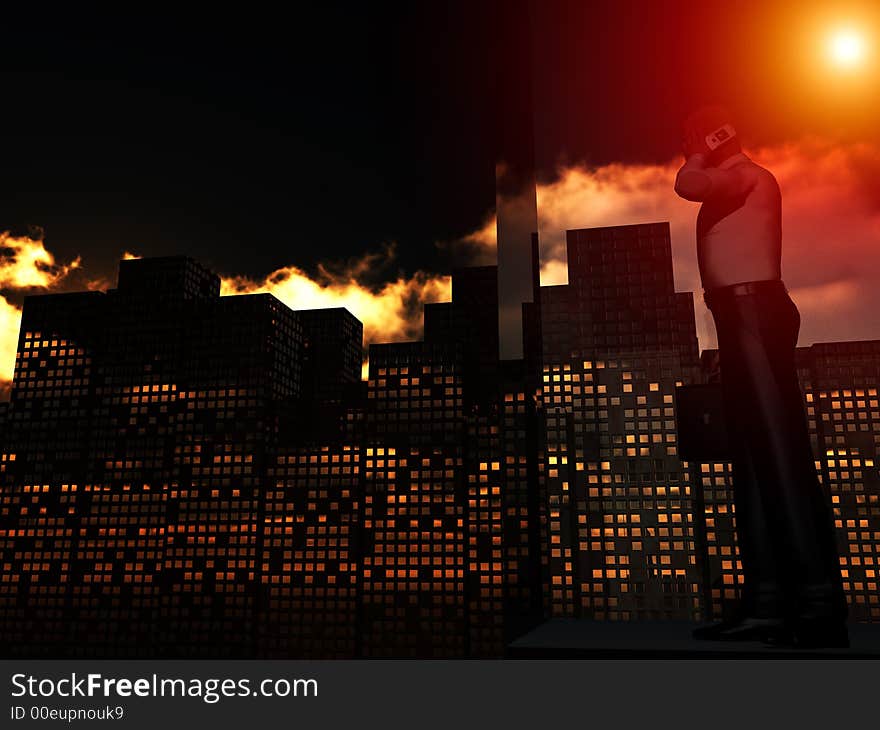 An conceptual image of a man looking through the window of his office over a city that he works in. An conceptual image of a man looking through the window of his office over a city that he works in.