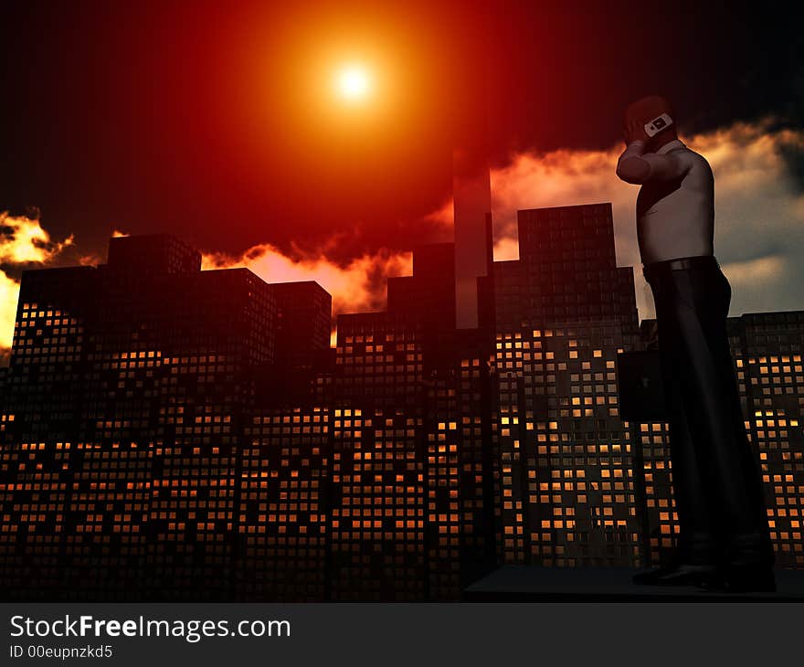 An conceptual image of a man looking through the window of his office over a city that he works in. An conceptual image of a man looking through the window of his office over a city that he works in.