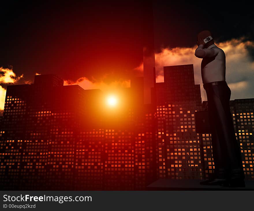 An conceptual image of a man looking through the window of his office over a city that he works in. An conceptual image of a man looking through the window of his office over a city that he works in.