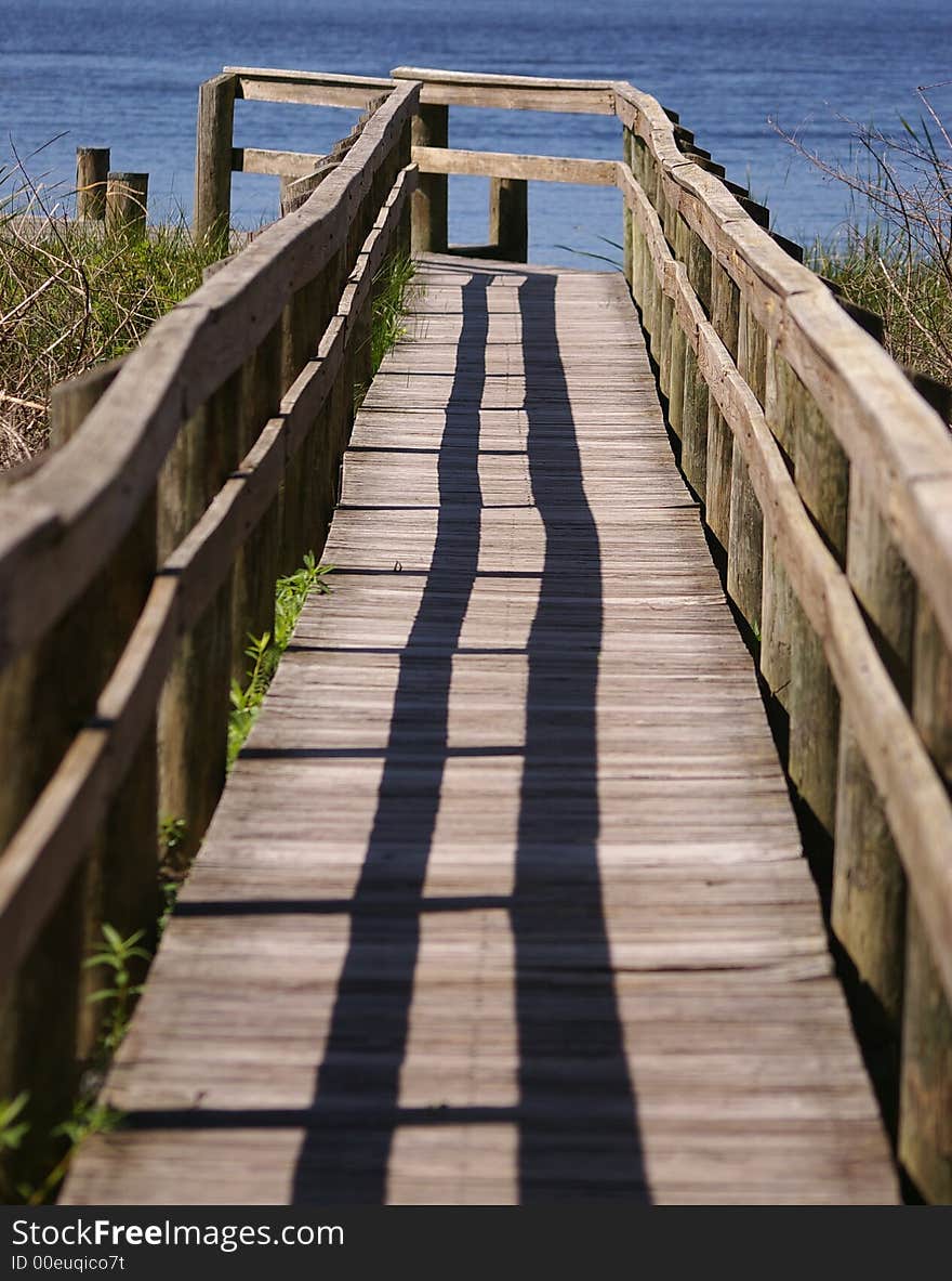 This is a picture of a raised wooden boardwalk that borders the shores of Lake Tarpon in Florida. This is a picture of a raised wooden boardwalk that borders the shores of Lake Tarpon in Florida.