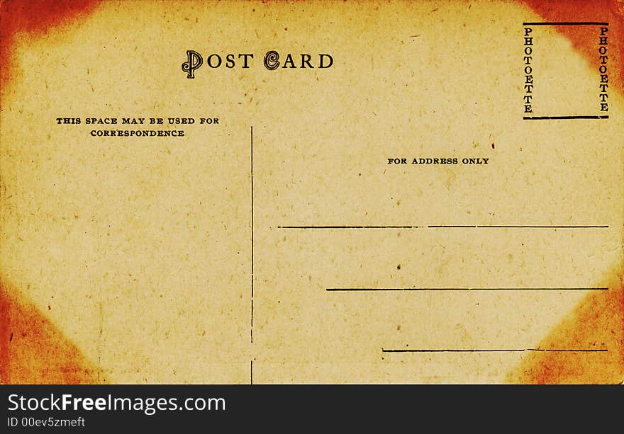 Blank back of a 1910 souvenir postcard. Sepia tone with acid stained corners, black text. Blank back of a 1910 souvenir postcard. Sepia tone with acid stained corners, black text.