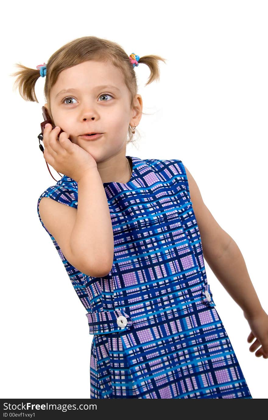 Pretty smiling girl talkin at mobile phone, isolated on white. Pretty smiling girl talkin at mobile phone, isolated on white