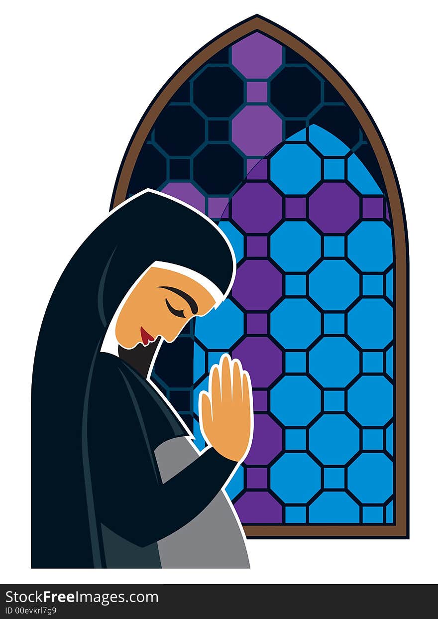 Vector illustration of a young praying woman in a veil, staying in a contemplative pose.