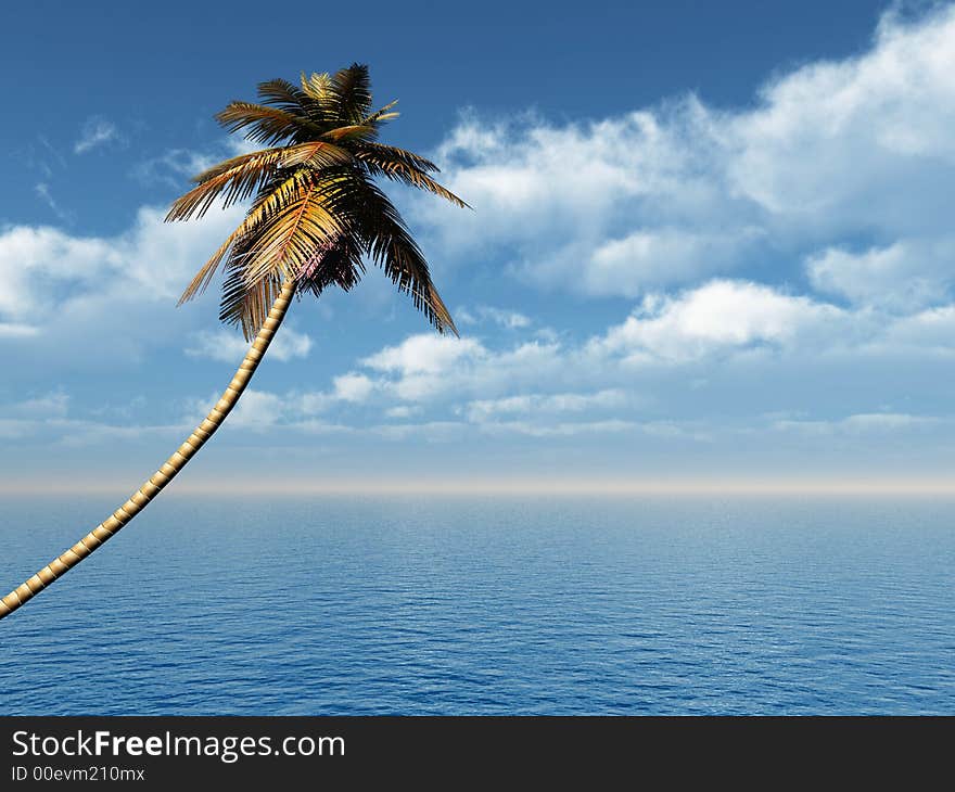 Coconut palm and blue sky with clouds - 3D scene. Coconut palm and blue sky with clouds - 3D scene.