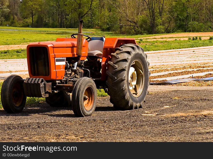 Red farm tractor in field