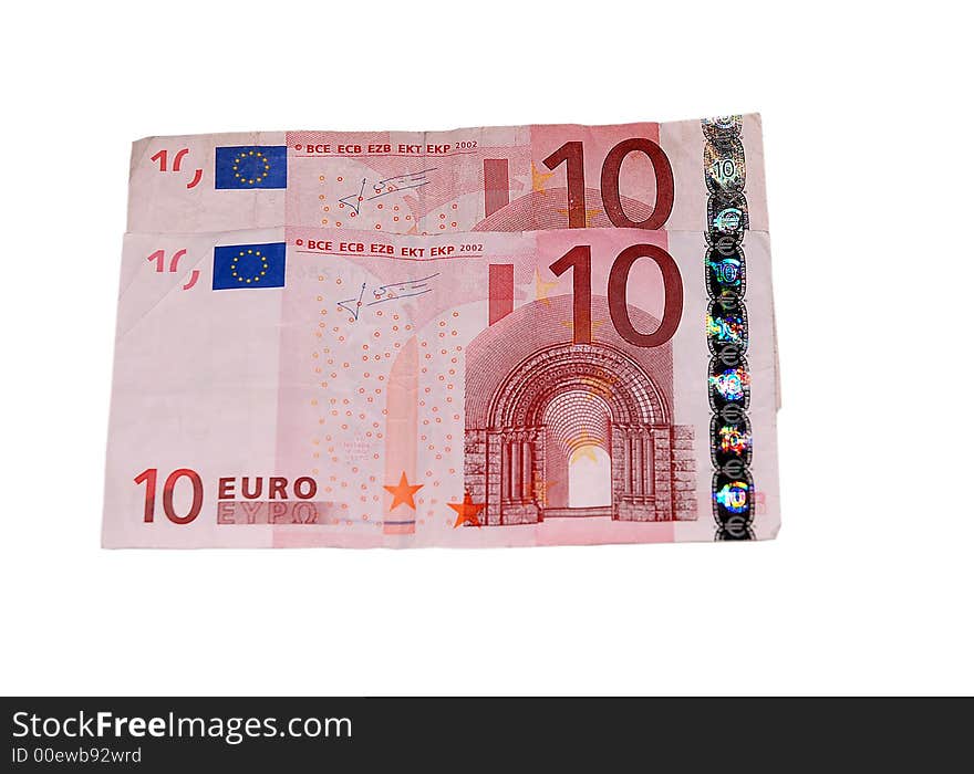 Two ten euros banknotes over a white background