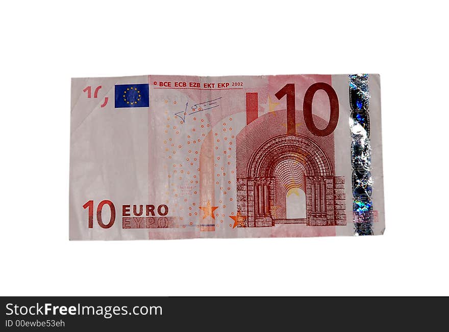 Ten euros banknote over a white backgroun