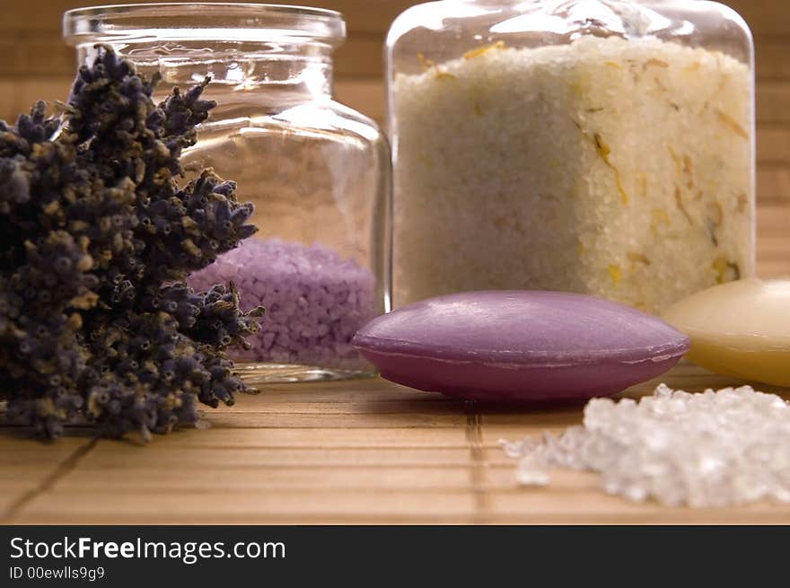 Lavender bath items. salt, towels, soaps and flowers. aromatherapy