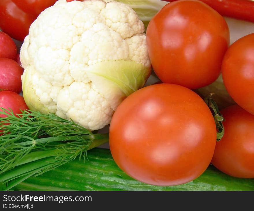 Tomatoes, cauliflower, radishes, cucumber and dill. Tomatoes, cauliflower, radishes, cucumber and dill