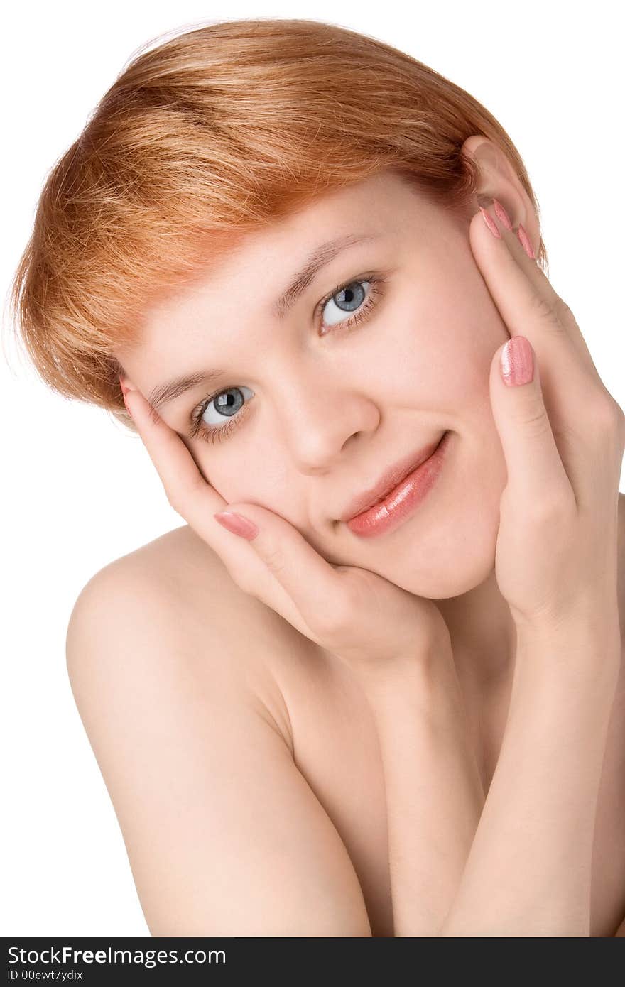 Close-ups beauty happy girl portrait over white over white