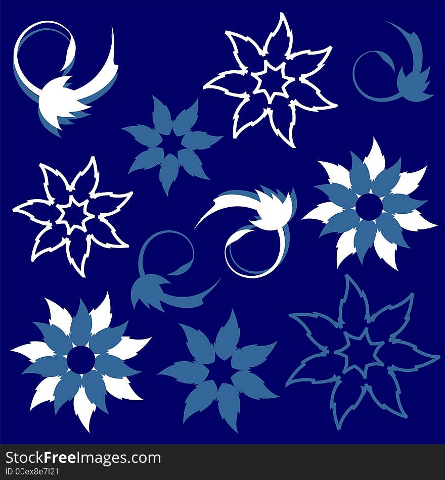 Floral white and light blue pattern over navy blue background. Floral white and light blue pattern over navy blue background