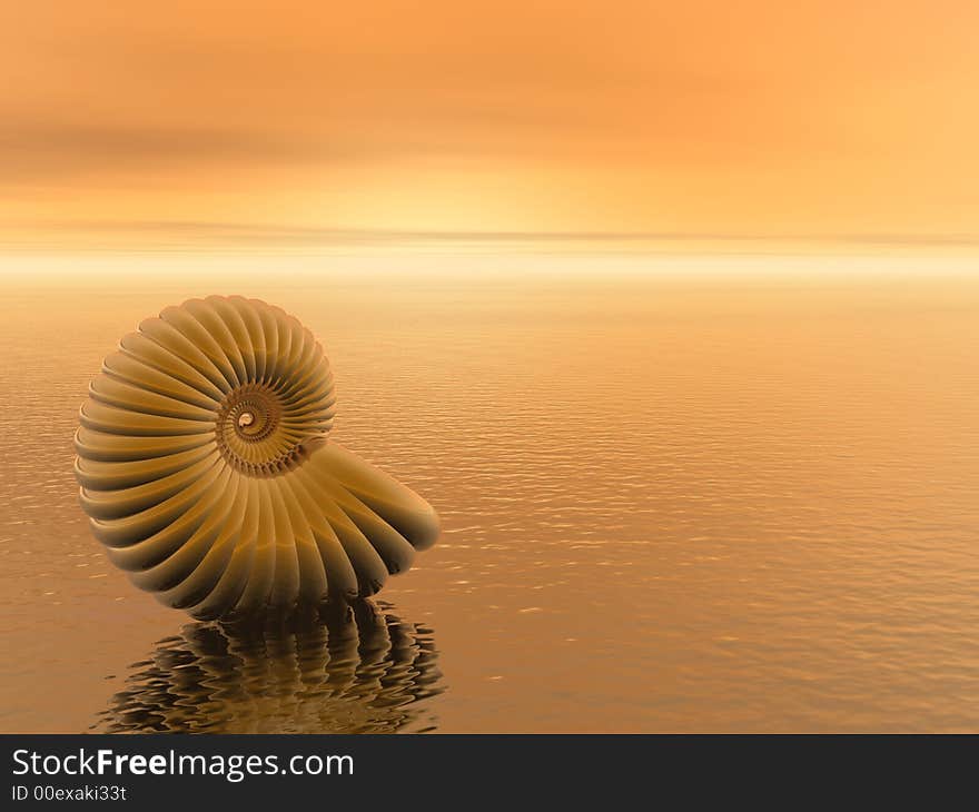 Gold shell on the sunset sea beach - 3d illustration. Gold shell on the sunset sea beach - 3d illustration.