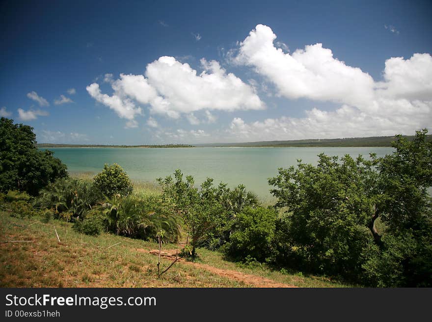 Turquiose island lagoon view. Beautiful colored water.