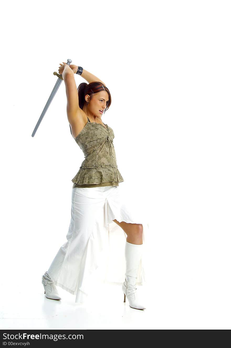 Vivacious woman attac to sword