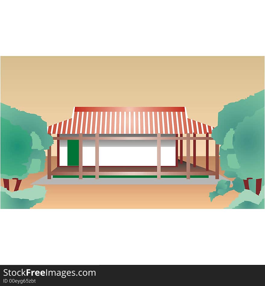 Art illustration: oriental house and garden