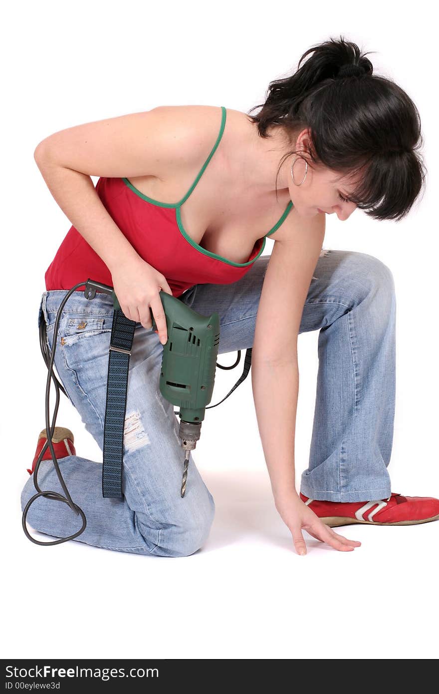 Woman and drill on white background. Woman and drill on white background