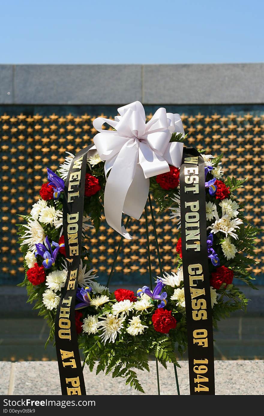 A wreath placed by war veterans in front of the World War Two Memorial in Washington, DC. A wreath placed by war veterans in front of the World War Two Memorial in Washington, DC.