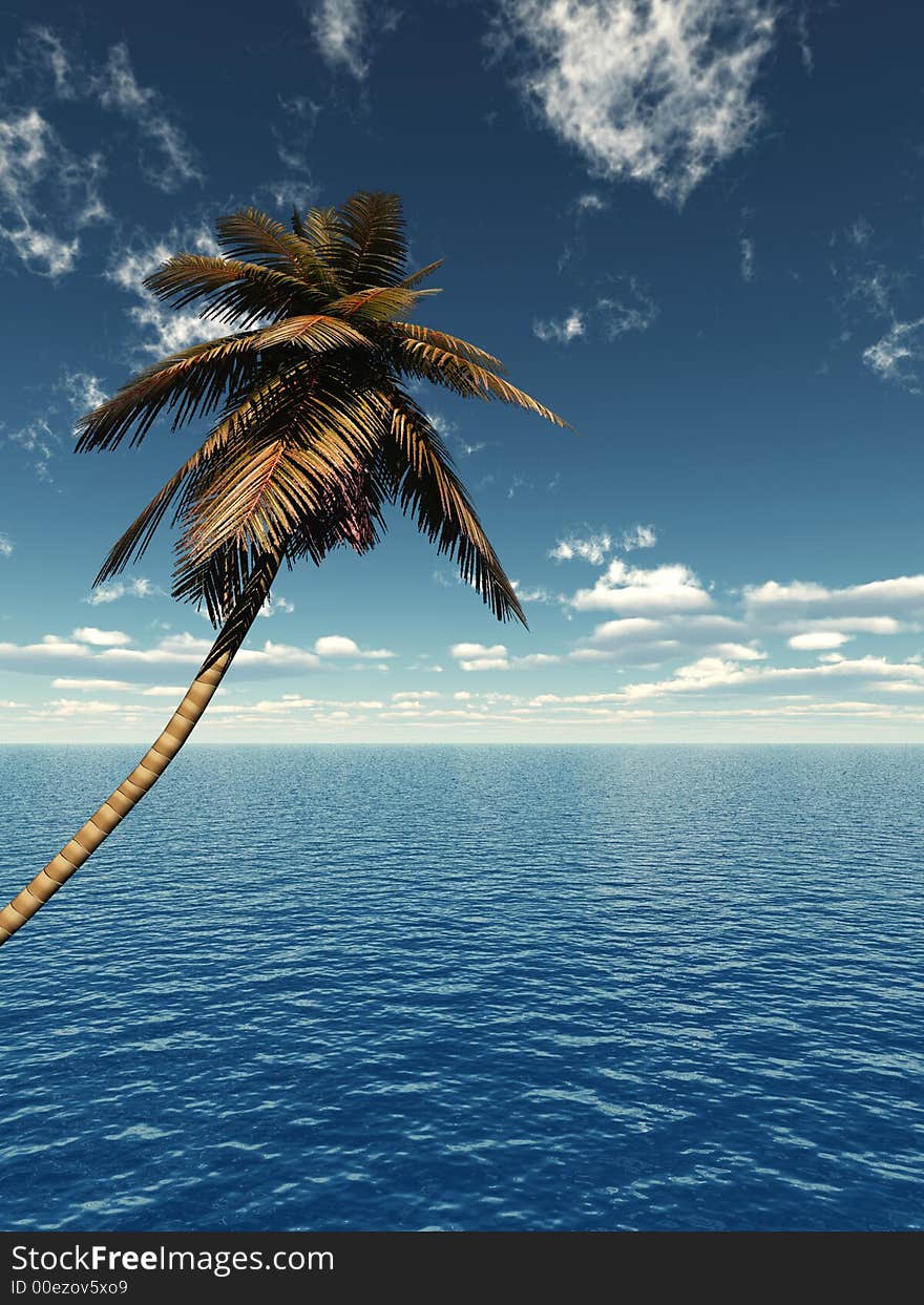 Coconut palm and blue sky with clouds - 3D scene.