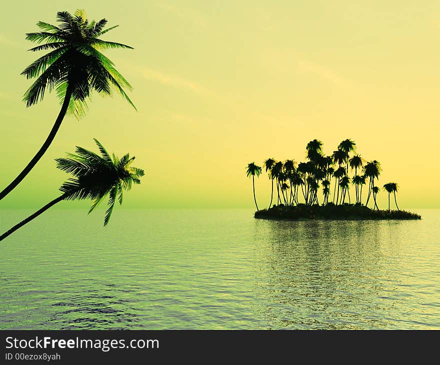 Sunset coconut palm trees on small island - 3d illustration.