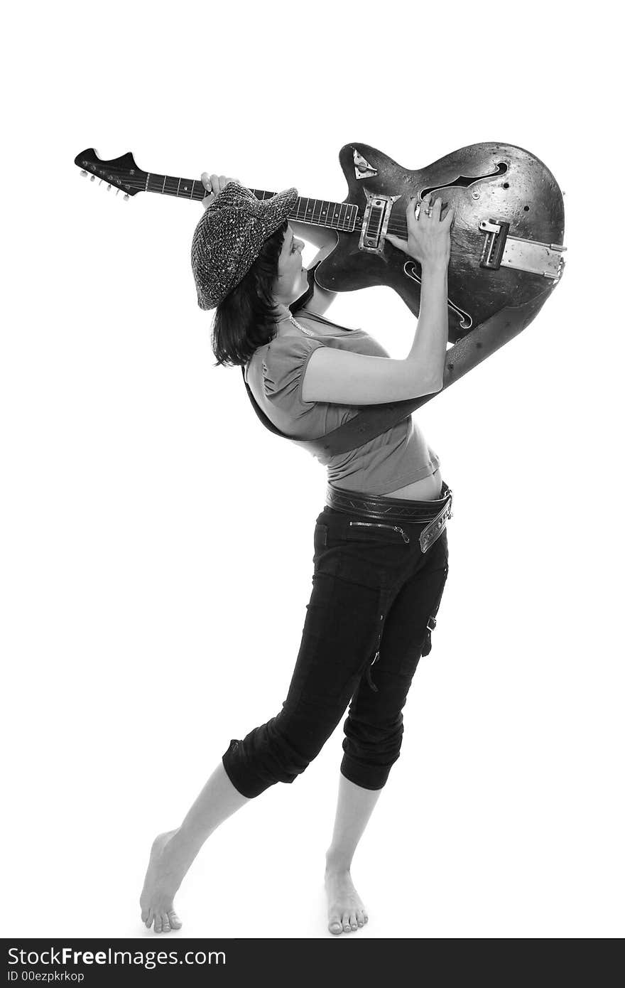 Girl with guitar over white