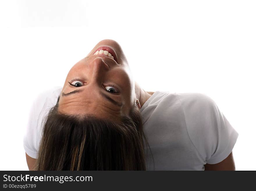 A woman and a white background