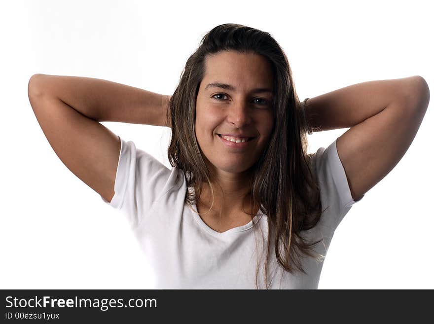 A woman and a white background