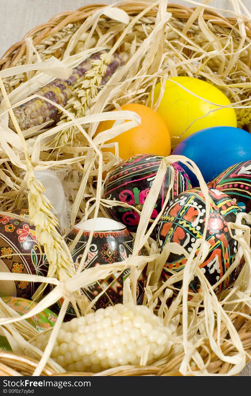 Easter eggs in straw nest in basket