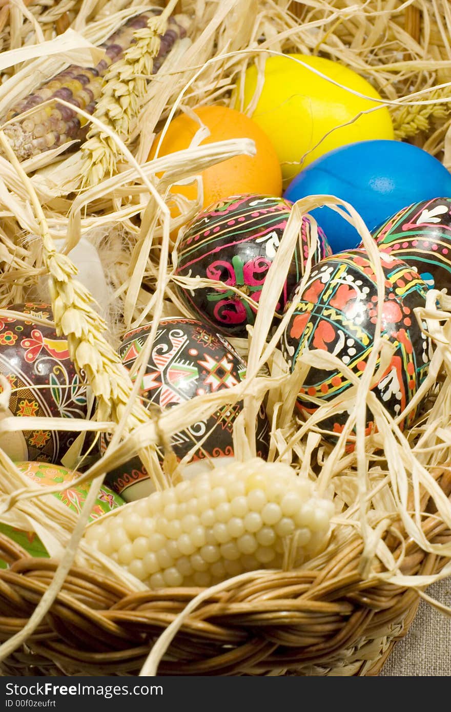 Easter eggs in straw nest in basket