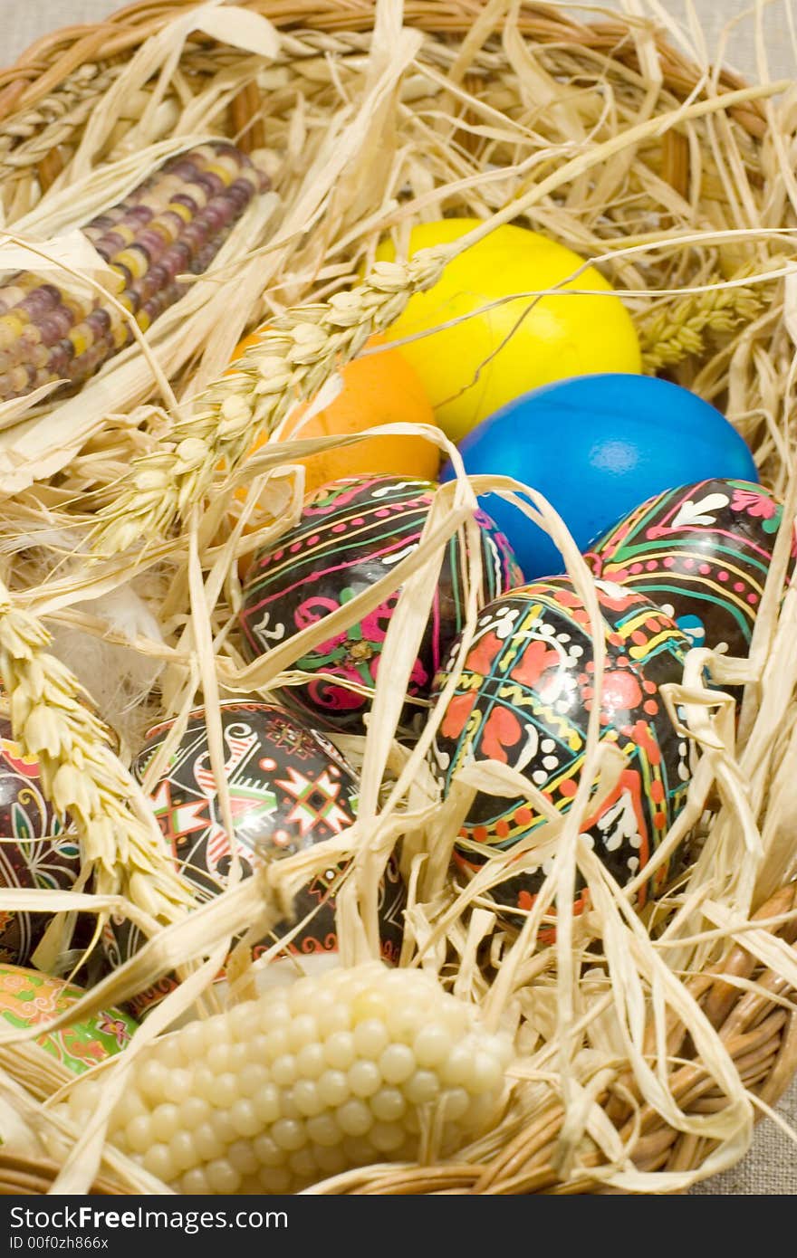 Easter eggs in straw nest in basket