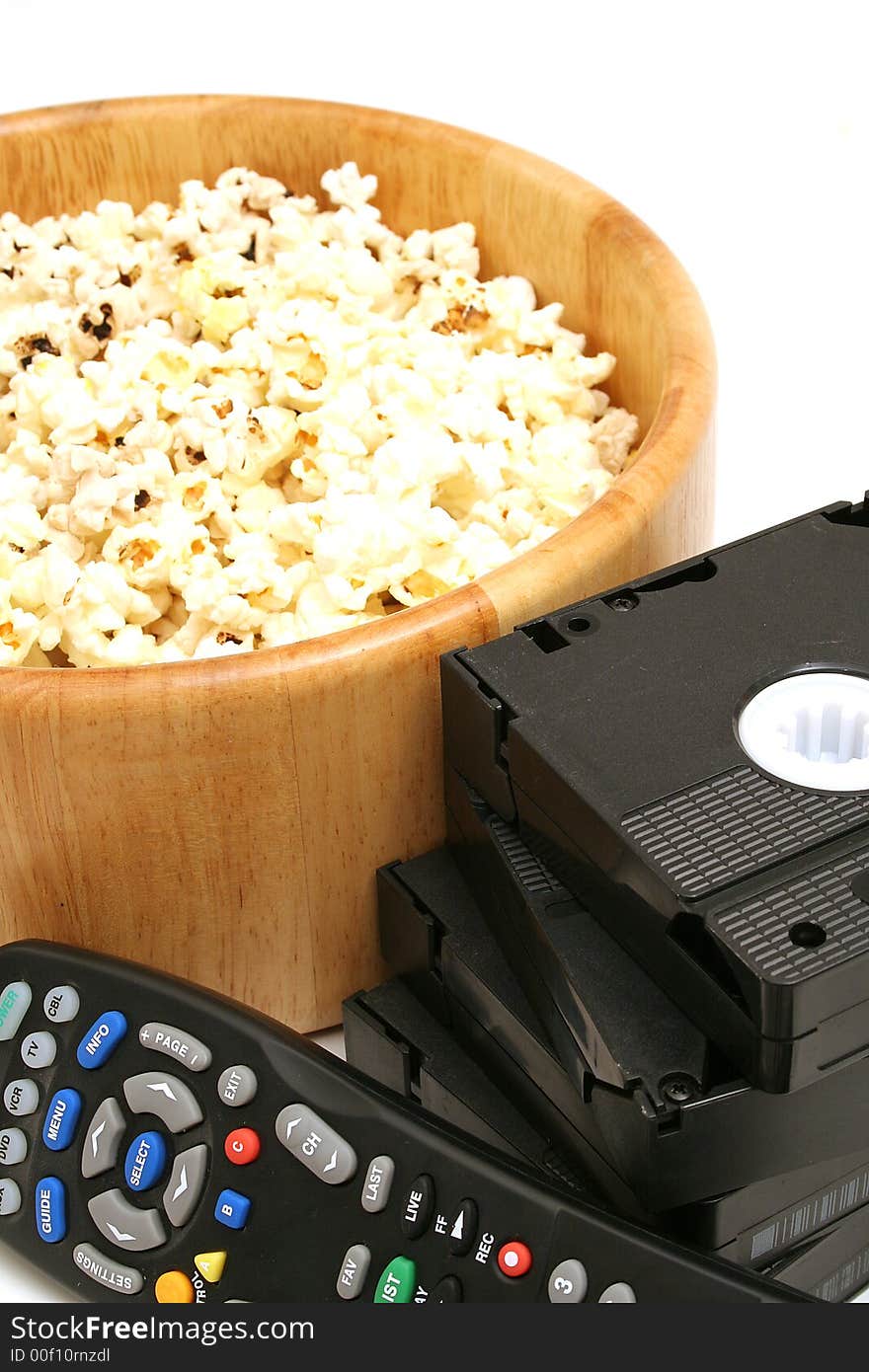 Picture of popcorn & video w/remote control on white