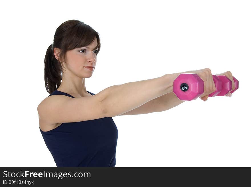 Young girl doing fitness with weights. Young girl doing fitness with weights