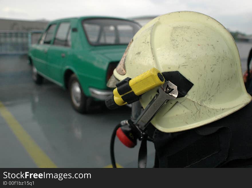 Firemen looking arond in parking house. Firemen looking arond in parking house