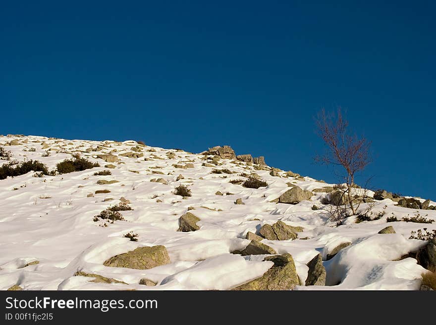 Snow rocks and blue