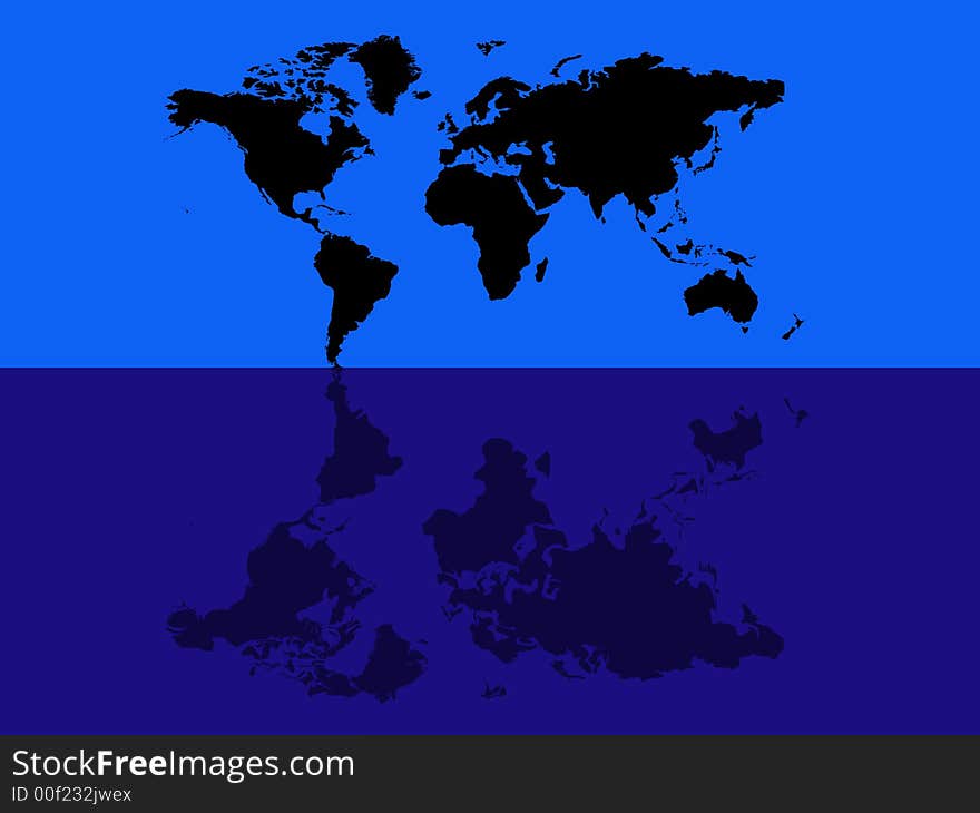 Illustration of a world map with blue reflection. Illustration of a world map with blue reflection